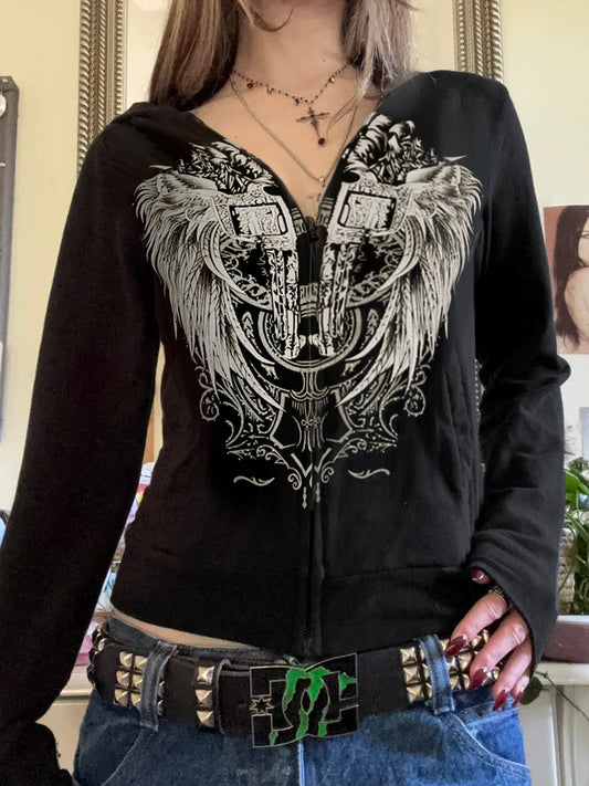 Y2k Darkly Retro Zip Up Hooded Coat Long Sleeve Basic S Diamonds Print Sweats Cardigan