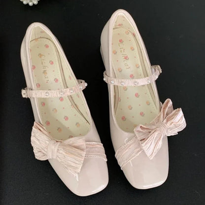 Butterflyknot Sweet Mary Jane Shoes Chunky Dress Shoes Shallow Designer Pumps Buckle Square Toe High Heels