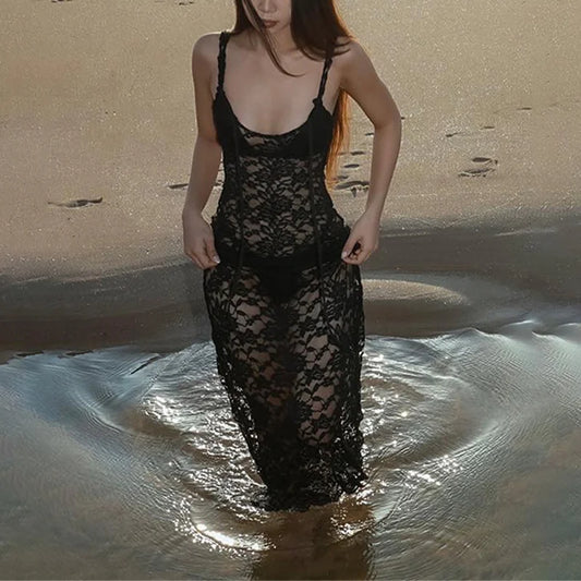 Lace Dresses Summer Sheer See Through Spaghetti Strap Sleeveless Bodycon Long Dress Evening Party Dresses