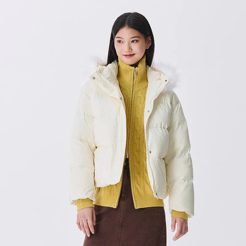 Down Jacket Fur Collar Hooded Warm Simple Versatile New Winter Waterproof Windproof Loose Bread Coat