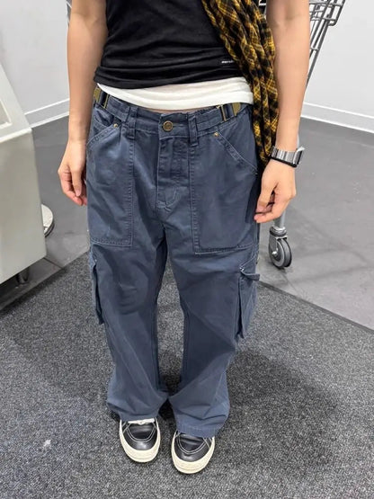 American Retro Multi Pocket Jeans for Y2k High Waist Loose Wide Leg Pants Early Autumn New Straight Trousers