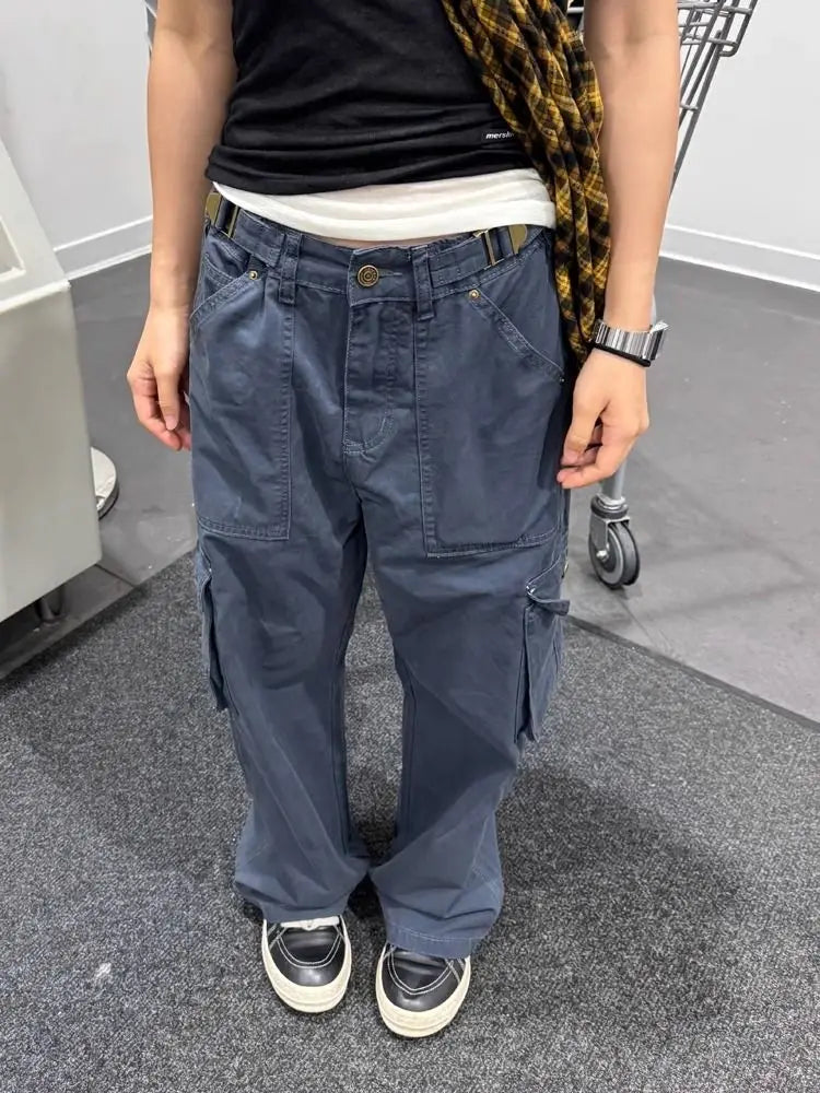 American Retro Multi Pocket Jeans for Y2k High Waist Loose Wide Leg Pants Early Autumn New Straight Trousers