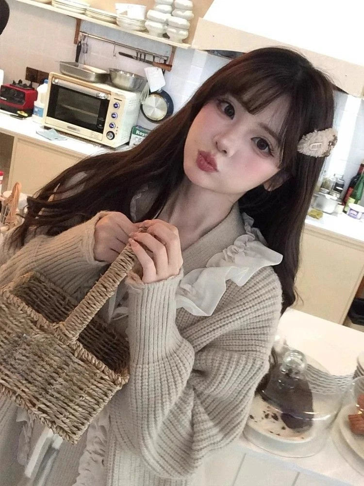 Knitted Sweater Lace Bandage Ruffles V Neck Loose Stretch Loose Pullover Autumn Winter Female Jumper