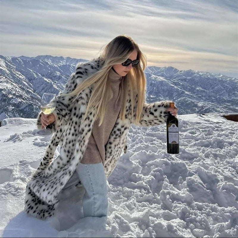 Exclusive Winter Long Belted Leopard Faux Fox Fur Coat Overcoats Stylish Street Fluffy Fox Fur Jacket