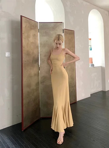 Summer Office Lady Bodycon Trumpet Long Dress French Y2k Dress Korean Retro Clothing