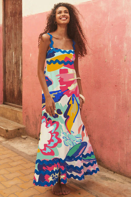 Summer Printed A-line Long Dress Backless Holiday Beach Spaghetti Strap Dresses for Maxi Vestidos Para Mujer