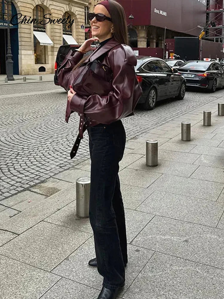 Leather Short Leather Jacket With Belt Lapel Long Sleeved Cropped Coat New Lady Street Party New Outwears _