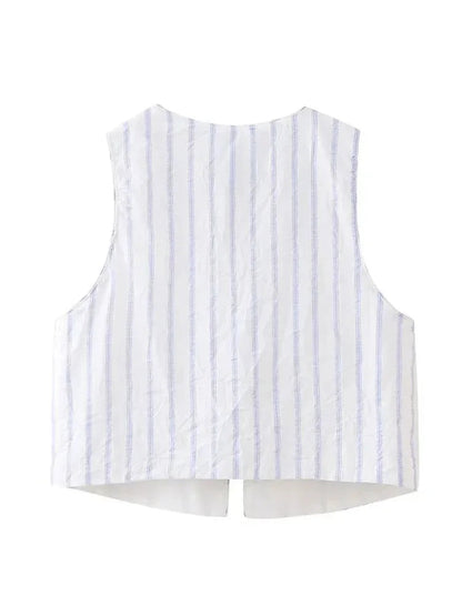 Summer Woman Stripe Vneck Tank Tops Sleeveless Slim Laceup Vests Female Cropped Waistcoat