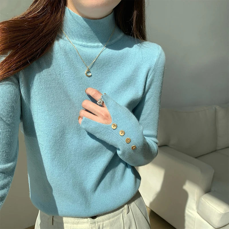 Half Turtleneck Sweater Korean Black Knitted Pullover Long Sleeve Knitwear Fall Winter Buttons Slim Jumpers