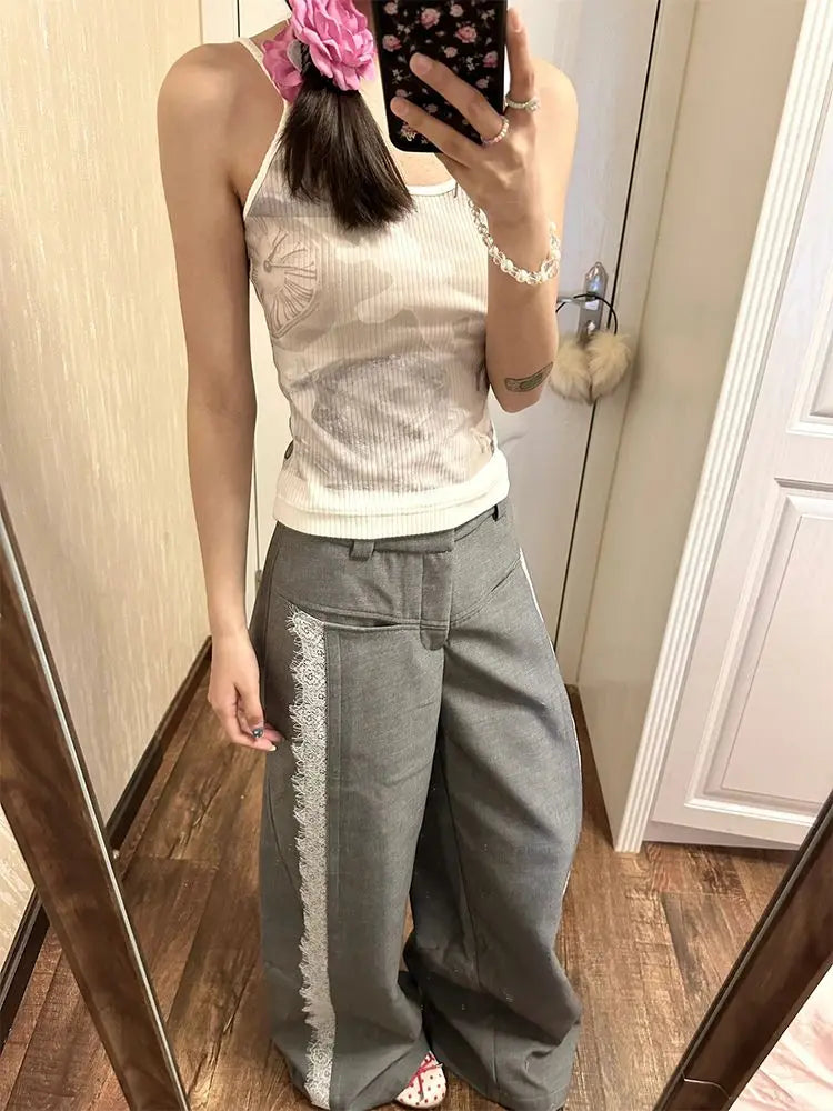 Lace Suit Pants for Y2k Baggy Spliced High Waist Wide Leg Trousers Oversize Office Harajuku Causal Pantalon