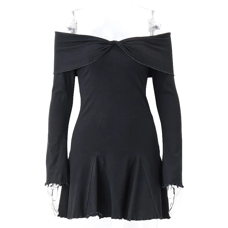 Black Knit Ruffled Mini Dress Patchwork Offshoulder Loose Slim Ribbed Dress Knitwear Clothes Female Dress