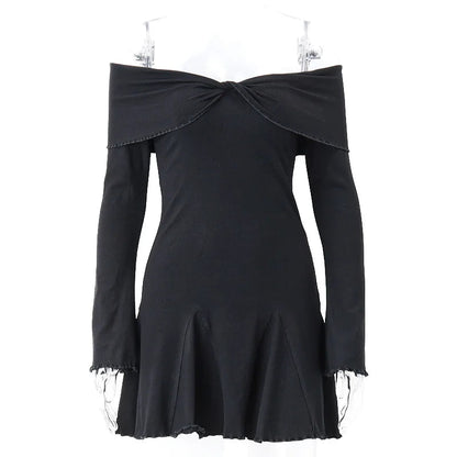 Black Knit Ruffled Mini Dress Patchwork Offshoulder Loose Slim Ribbed Dress Knitwear Clothes Female Dress