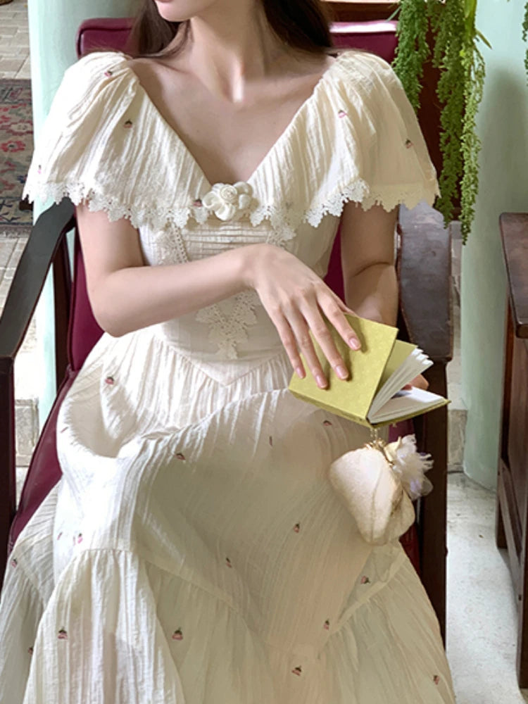 Summer French Embroidery Fairy Midi Dress Party Dress Style One Piece Dress Korean