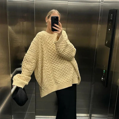 Oversized Knit Twist Pullovers Loose Lazy O-neck Long Sleeve Sweaters Female Autumn New Street Knitwear