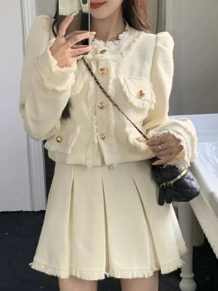 Korean Tweed Skirts Suit Jackets Coat Mini Pleated Skirts Two Pieces Set Female Clothes Outfits