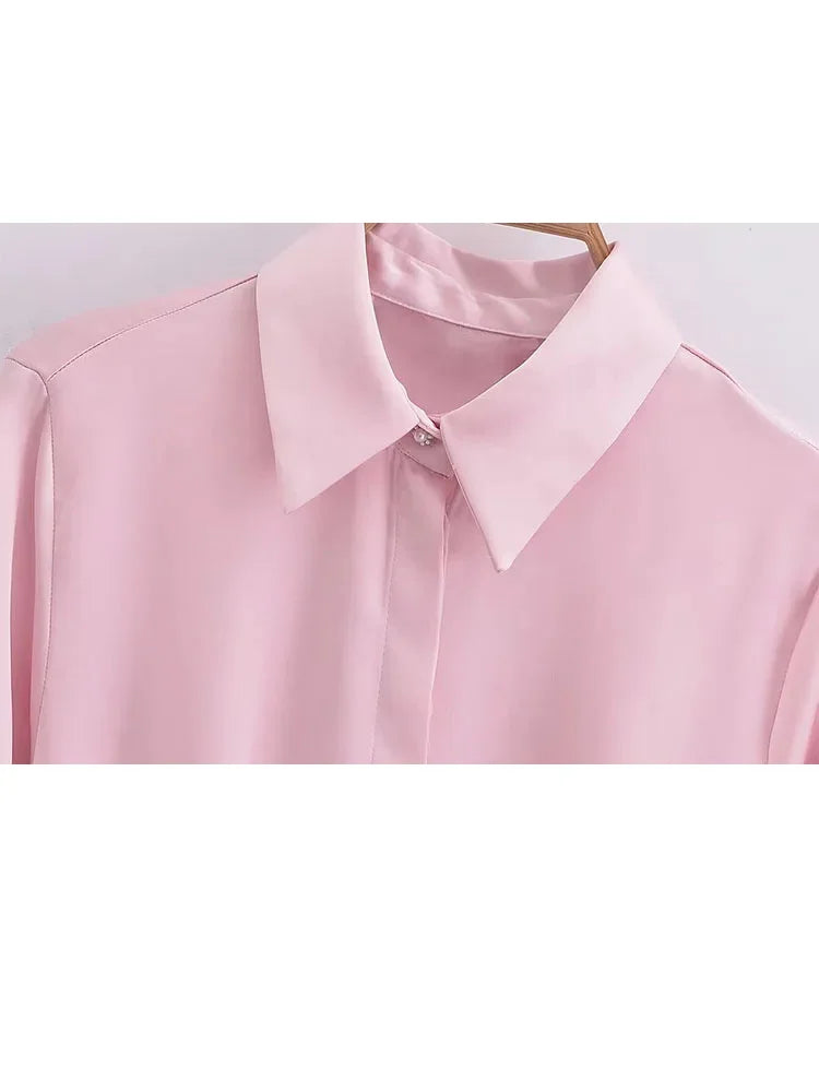 Spring Pink Turndown Collar Blouse for Woman Long Sleeves Laceup Female Single Breasted Shirt Top