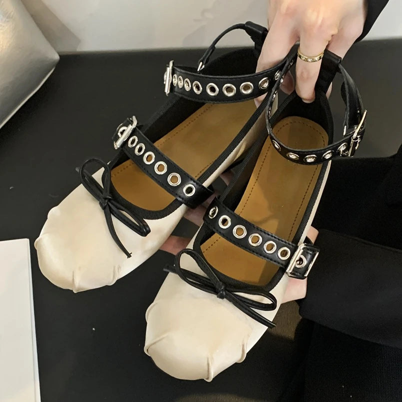 Rivet Ballerina Shoes Flat Designer Mules Shoes Fashions Round Toe Skeleton Ballet Shoes Metal Decoration Mary Jane Pumps