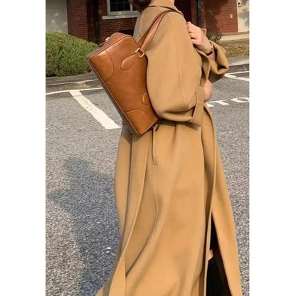 Long Woolen Coat With Belt Autumn Winter New Lapel Long Sleeve Outerwear Overcoat