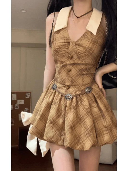 Plaid Dresses Bodycon Bow Ruffles Mini Dress Short Party Sweet One Piece Dress Korean