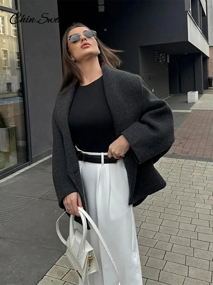 Retro Loose Woolen Blend Coat Lapel Double-breasted Long Sleeve Pocket Thick Gray Jacket Autumn Spring