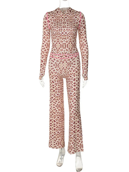 Printed 2 Piece-set Hoodie Slim Cropped Top and High Waist Trousers Outfits Contrast ’s Pants Sets