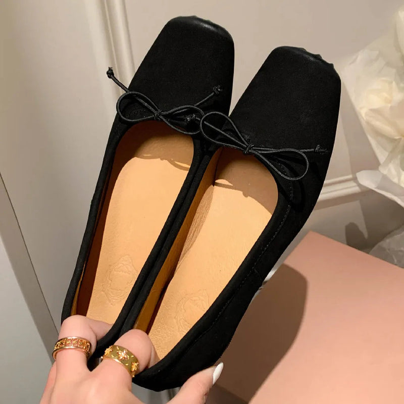 Cow Leather Square Toe Slipon Ballet Flats Sweet Bowtie Female Soft Comfortable Shoes for Hot