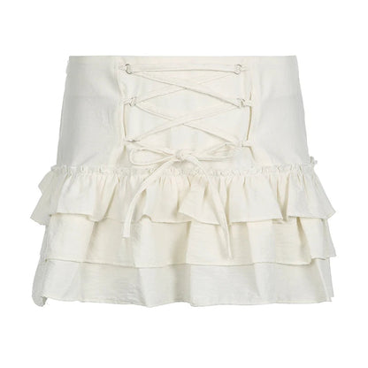 Spring and Summer Korean Retro High Street Low Waist Laceup Mini Cake Skirt Skirt