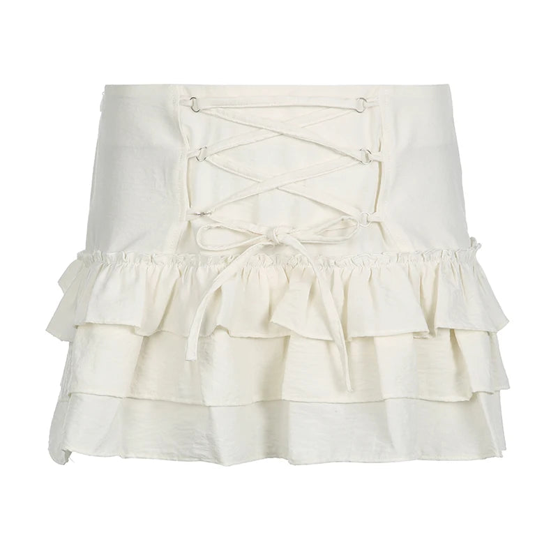 Spring and Summer Korean Retro High Street Low Waist Laceup Mini Cake Skirt Skirt