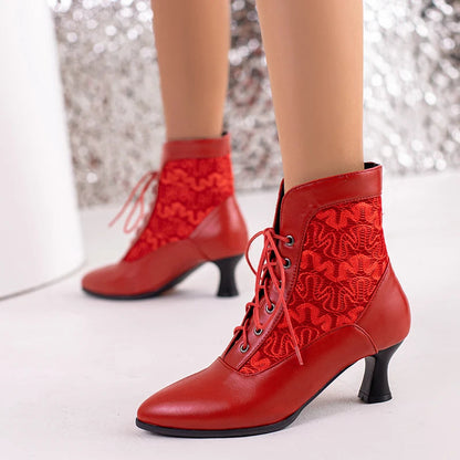 White Red Victorian Pointed Toe Ankle Boots Pu Leather Embroidered Laces Punk Crosstied Kitten High Heel Shoes