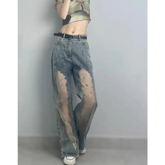 High Street Hollow Mesh Patchwork Jeans Summer New High Waist Distressed Washed Denim Wide Leg Pants