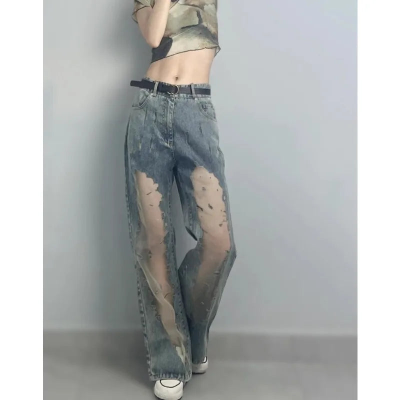 High Street Hollow Mesh Patchwork Jeans Summer New High Waist Distressed Washed Denim Wide Leg Pants