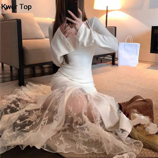 Bodycon Midi Dresses Flare Sleeve Slim Mermaid Dress Lace Fishtail Korean One Piece Party Dress Vestidos