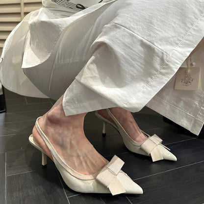 Bowknot Pointed Toe Thin Heel Sandals Satin Designer Heels Prom Backless Dress Shoes Zapatos De Mujer