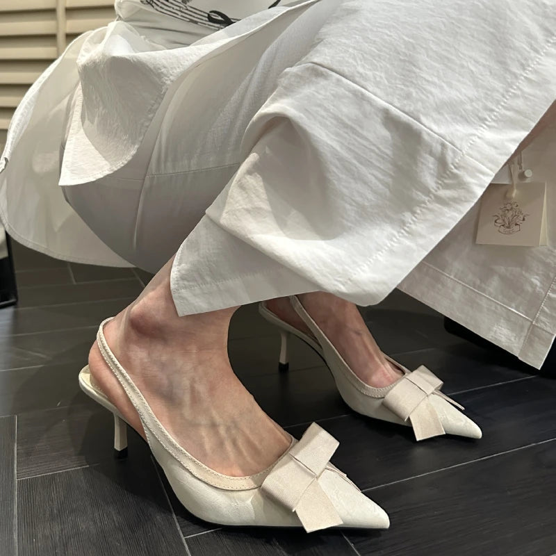 Bowknot Pointed Toe Thin Heel Sandals Satin Designer Heels Prom Backless Dress Shoes Zapatos De Mujer