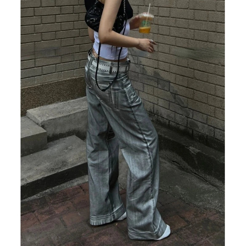 Bleached Distressed Jeans Spring New High Waist Multibutton Loose Denim Wide Leg Pants