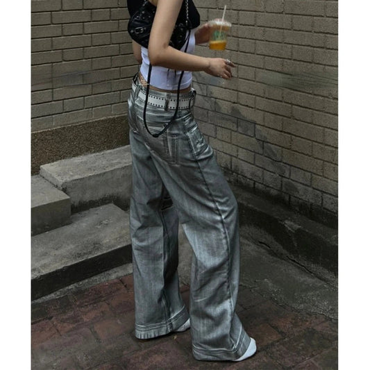 Bleached Distressed Jeans Spring New High Waist Multibutton Loose Denim Wide Leg Pants