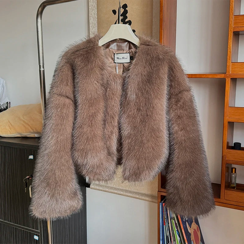 Brand Icon Kendall Jenner Brown Gradient Faux Fur Jacket Winter New Cropped Fox Fur Coat