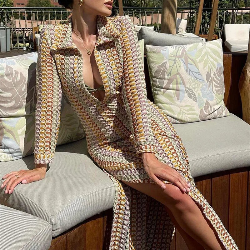 Crochet Dress Y2k Clothes Geometric Print Turn Down Collar Long Sleeve Long Dresses Beach Party Dresses