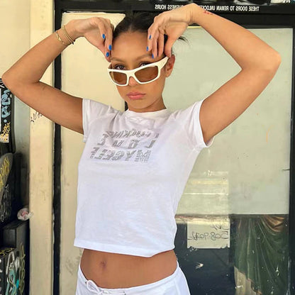 Summer European and American Style Short Sleeved T-shirt With Letter Hot Diamond Top, T-shirt With Slim Fit Inside for