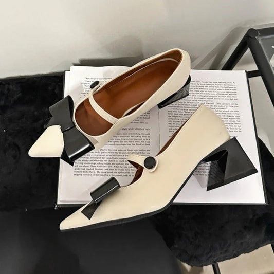 Bow Pointed Toe Mary Jane Shoes Chunky Heel Office Shoes Comfy Pumps Female Fashions Retro High Heels