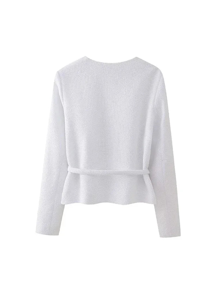 Spring Blazers White Oneck Long Sleeves Laceup Decoration Single Breasted Jacket Female Coat