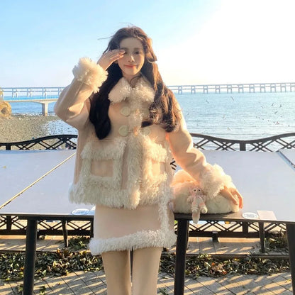 Sweet Hot Girl Suit Autumn/winter Lamb Wool Suede Coat Highwaisted Mini Skirt Twopiece Set Female Clothes