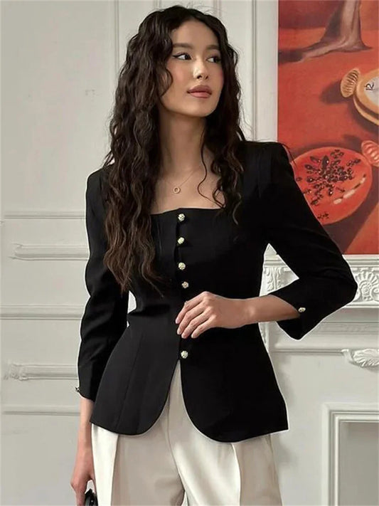 Autumn Square Collar Outwear Female Commute Cropped Long Sleeve Patchwork Cardigan Coat