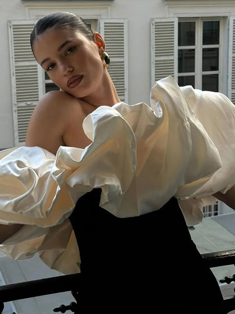 Off Shoulder Long Dresses Slim Black Patchwork Petal Sleeves Robes Female Versatile Party Evening