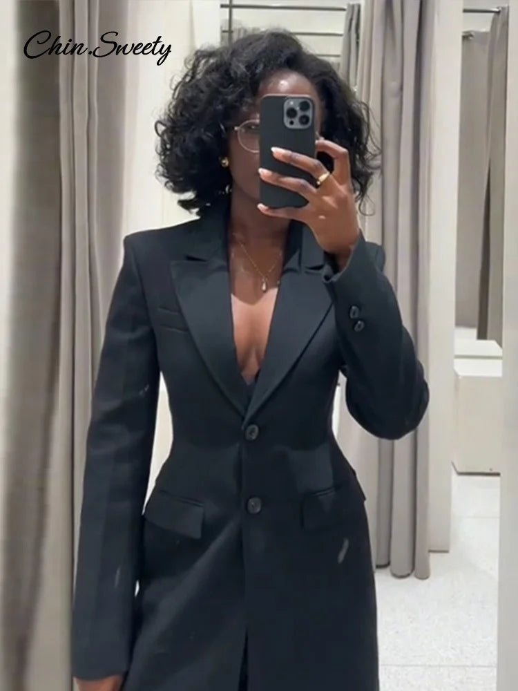 Lapel Black Long Overcoat Slim High Waist Full Sleeve Single Breasted Shoulder Pad Coat New Spring Commute Outwear