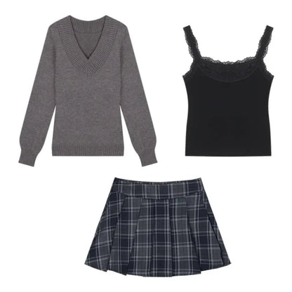 Autumn New Loose Longsleeved Sweater + Plaid Skirt + Lace Splicing Black Camisole Threepiece Suit