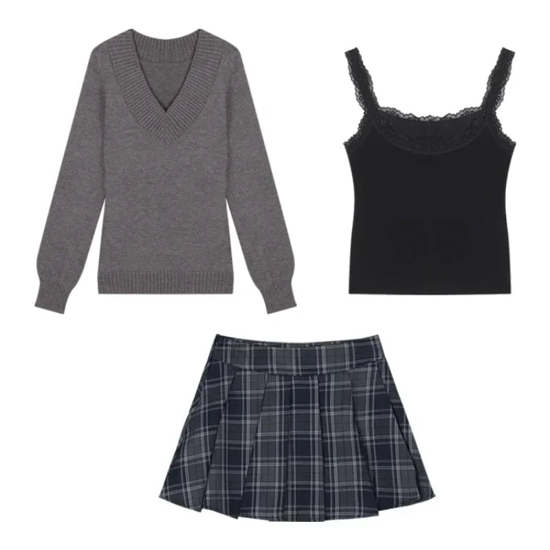 Autumn New Loose Longsleeved Sweater + Plaid Skirt + Lace Splicing Black Camisole Threepiece Suit