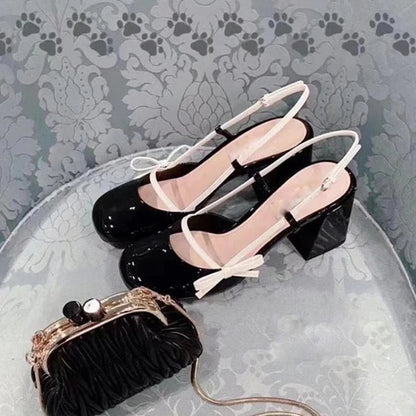Mary Jane Shoes Spring/summer New Retro High Heels Thick Heels Colored Round Head Bow Back Empty Sandals for