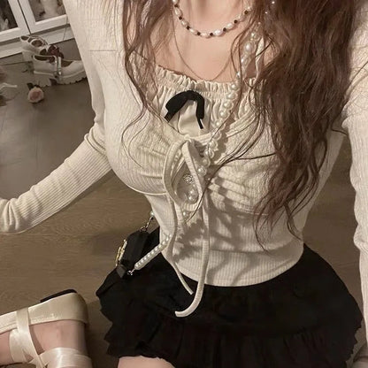 Kawaii Sweet Y2k Crop Tops Woman Slim Long Sleeve Blouse Korean Bodycon Pullover Office Lady