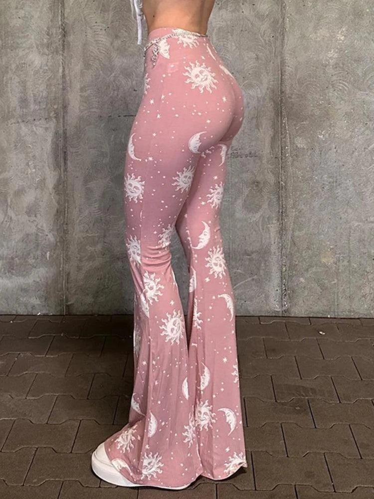 Summer Pink Pants Slim Printed Long Flared Pants Low-rise Patchwork Abstract Y2k Pants